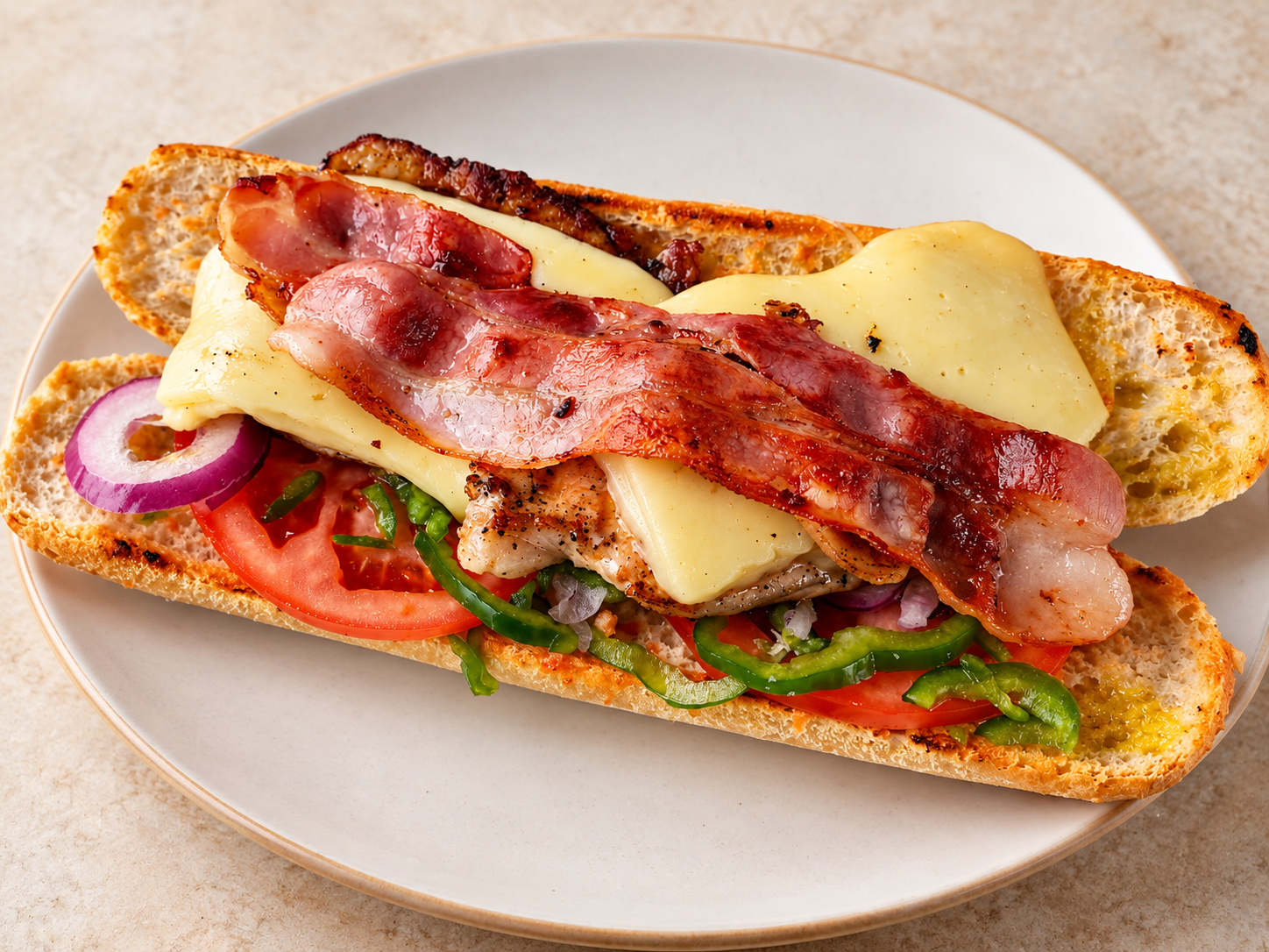Bocadillo especial abierto con queso, bacon y verduras