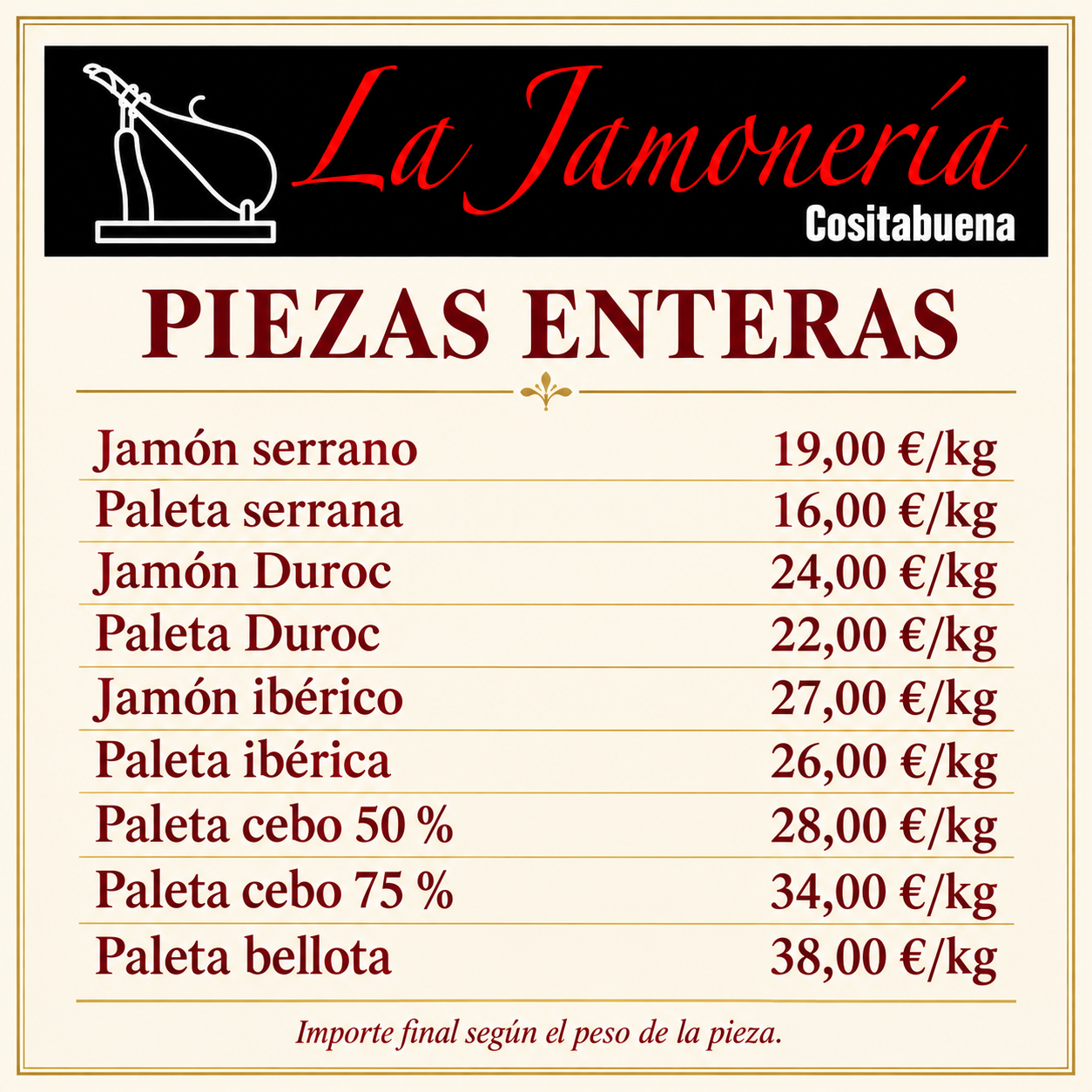 Tarifas de piezas enteras de Cositabuena